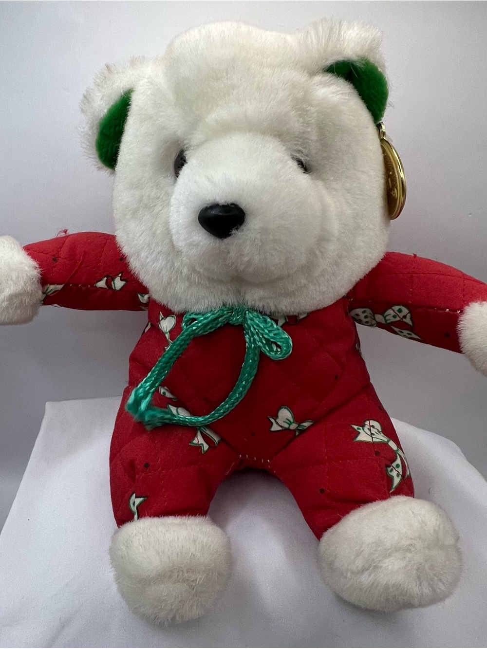 Vintage 1990 Christmas World Of Smile 8” Teddy Bear W/Stuffed Rattle Inside